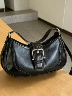 Vintage Metal Buckle Soft Faux Leather Crescent Saddle Shoulder Underarm Bag