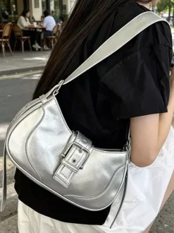 Vintage Metal Buckle Soft Faux Leather Crescent Saddle Shoulder Underarm Bag