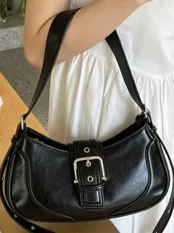Vintage Metal Buckle Soft Faux Leather Crescent Saddle Shoulder Underarm Bag