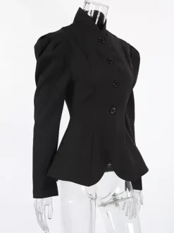 Vintage Peplum Blazer For Women - Puff Sleeve Stand Collar Slim Fit Jacket - Chic Spring Party Outerwear 2026