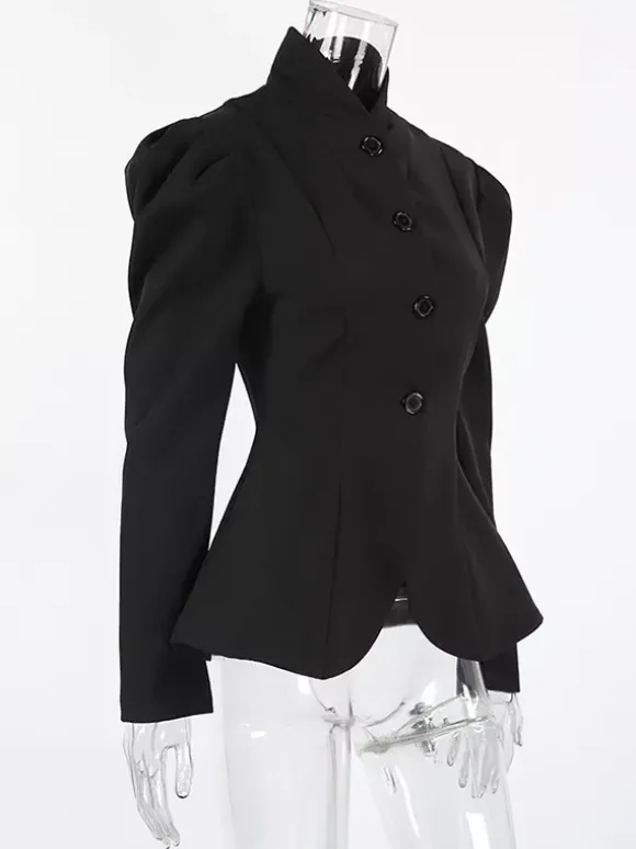 Vintage Peplum Blazer For Women - Puff Sleeve Stand Collar Slim Fit Jacket - Chic Spring Party Outerwear 2026