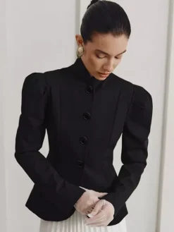 Vintage Peplum Blazer For Women - Puff Sleeve Stand Collar Slim Fit Jacket - Chic Spring Party Outerwear 2026