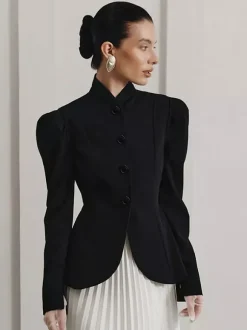 Vintage Peplum Blazer For Women - Puff Sleeve Stand Collar Slim Fit Jacket - Chic Spring Party Outerwear 2026
