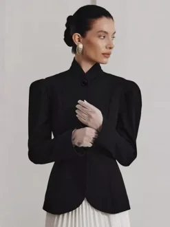 Vintage Peplum Blazer For Women - Puff Sleeve Stand Collar Slim Fit Jacket - Chic Spring Party Outerwear 2026
