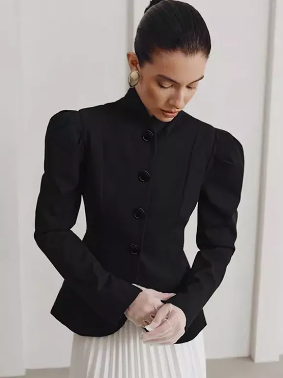 Vintage Peplum Blazer For Women - Puff Sleeve Stand Collar Slim Fit Jacket - Chic Spring Party Outerwear 2026