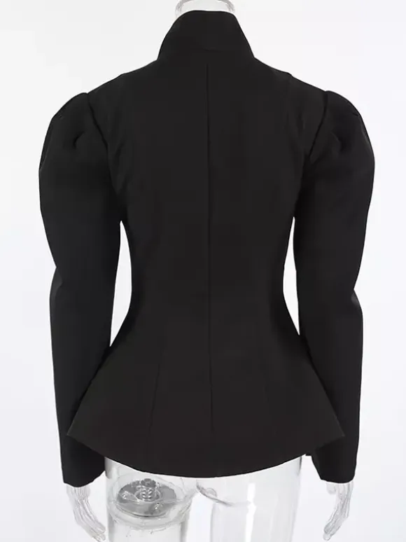 Vintage Peplum Blazer For Women - Puff Sleeve Stand Collar Slim Fit Jacket - Chic Spring Party Outerwear 2026