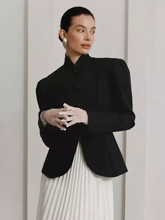 Vintage Peplum Blazer For Women - Puff Sleeve Stand Collar Slim Fit Jacket - Chic Spring Party Outerwear 2026