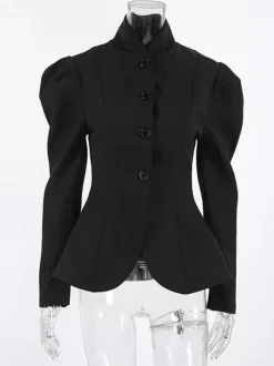 Vintage Peplum Blazer For Women - Puff Sleeve Stand Collar Slim Fit Jacket - Chic Spring Party Outerwear 2026