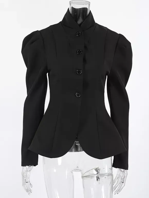 Vintage Peplum Blazer For Women - Puff Sleeve Stand Collar Slim Fit Jacket - Chic Spring Party Outerwear 2026