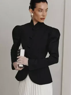 Vintage Peplum Blazer For Women - Puff Sleeve Stand Collar Slim Fit Jacket - Chic Spring Party Outerwear 2026