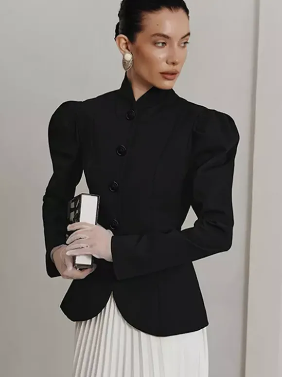 Vintage Peplum Blazer For Women - Puff Sleeve Stand Collar Slim Fit Jacket - Chic Spring Party Outerwear 2026