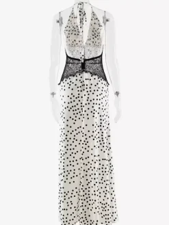 Vintage Polka Dot Halter Deep V Neck Lace Patchwork Maxi Dress For Women 2026