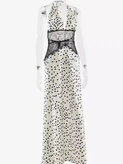 Vintage Polka Dot Halter Deep V Neck Lace Patchwork Maxi Dress For Women 2026