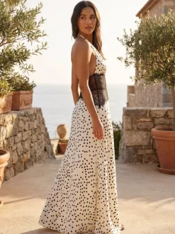 Vintage Polka Dot Halter Deep V Neck Lace Patchwork Maxi Dress For Women 2026