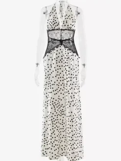 Vintage Polka Dot Halter Deep V Neck Lace Patchwork Maxi Dress For Women 2026