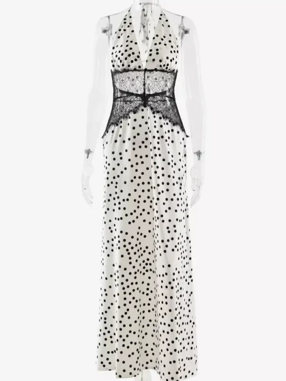 Vintage Polka Dot Halter Deep V Neck Lace Patchwork Maxi Dress For Women 2026