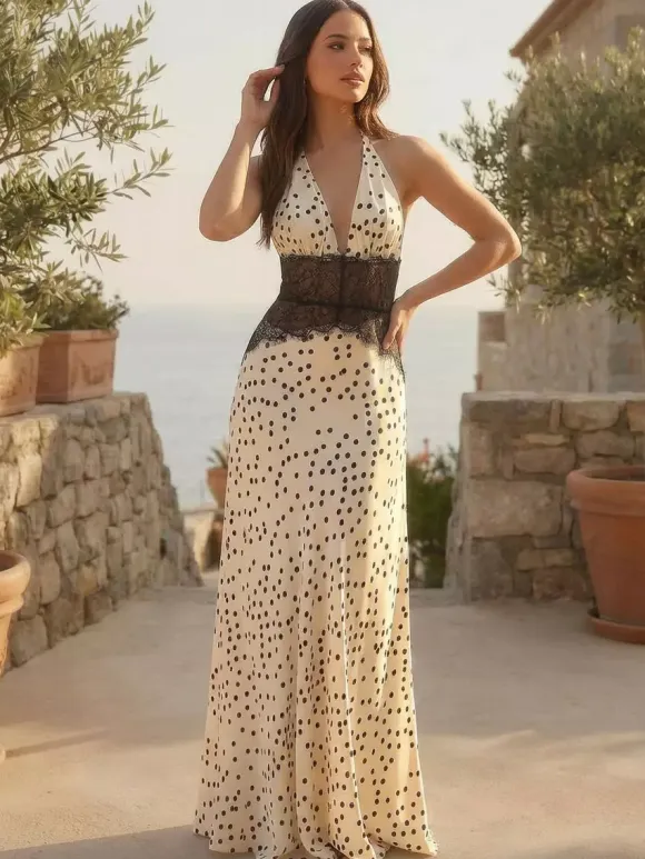 Vintage Polka Dot Halter Deep V Neck Lace Patchwork Maxi Dress For Women 2026