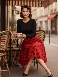 Vintage Polka Dot Swing Dress for Women - 1950s Rockabilly Long Sleeve Belted A-Line Midi Dress - Spring Retro Party 2026