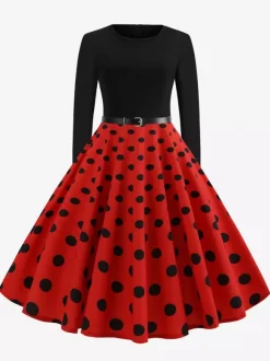 Vintage Polka Dot Swing Dress for Women - 1950s Rockabilly Long Sleeve Belted A-Line Midi Dress - Spring Retro Party 2026