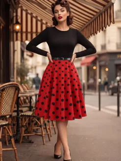Vintage Polka Dot Swing Dress for Women - 1950s Rockabilly Long Sleeve Belted A-Line Midi Dress - Spring Retro Party 2026