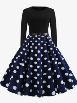 Vintage Polka Dot Swing Dress for Women - 1950s Rockabilly Long Sleeve Belted A-Line Midi Dress - Spring Retro Party 2026