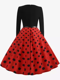 Vintage Polka Dot Swing Dress for Women - 1950s Rockabilly Long Sleeve Belted A-Line Midi Dress - Spring Retro Party 2026