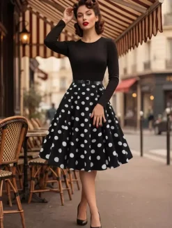 Vintage Polka Dot Swing Dress for Women - 1950s Rockabilly Long Sleeve Belted A-Line Midi Dress - Spring Retro Party 2026