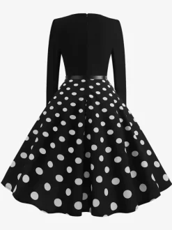 Vintage Polka Dot Swing Dress for Women - 1950s Rockabilly Long Sleeve Belted A-Line Midi Dress - Spring Retro Party 2026
