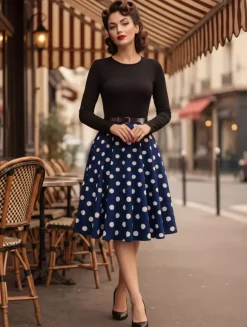 Vintage Polka Dot Swing Dress for Women - 1950s Rockabilly Long Sleeve Belted A-Line Midi Dress - Spring Retro Party 2026