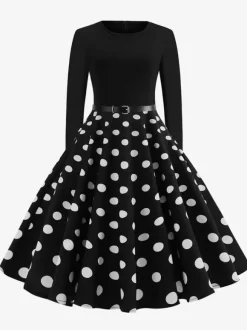 Vintage Polka Dot Swing Dress for Women - 1950s Rockabilly Long Sleeve Belted A-Line Midi Dress - Spring Retro Party 2026