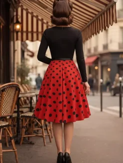 Vintage Polka Dot Swing Dress for Women - 1950s Rockabilly Long Sleeve Belted A-Line Midi Dress - Spring Retro Party 2026