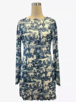Vintage Print Backless Long Sleeve Mesh Mini Dress For Women 2026
