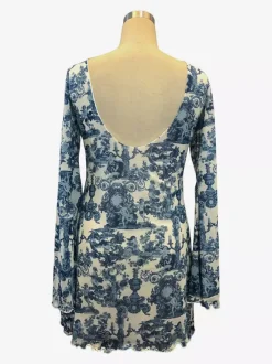 Vintage Print Backless Long Sleeve Mesh Mini Dress For Women 2026
