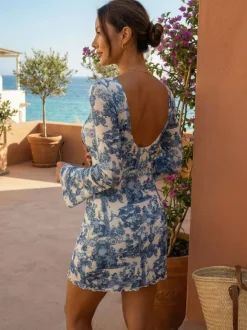 Vintage Print Backless Long Sleeve Mesh Mini Dress For Women 2026