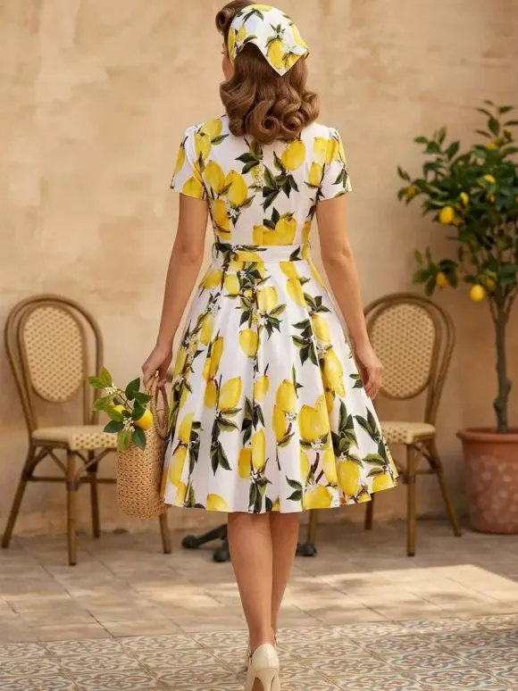 Vintage Printed Tea Dress for Women - 1950s A-Line Belted Short Sleeve Rockabilly Swing Midi Dress - Holiday Picnic 2026