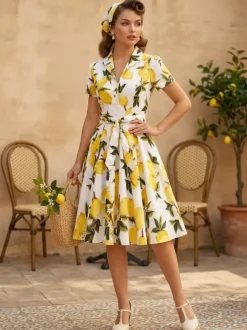 Vintage Printed Tea Dress for Women - 1950s A-Line Belted Short Sleeve Rockabilly Swing Midi Dress - Holiday Picnic 2026