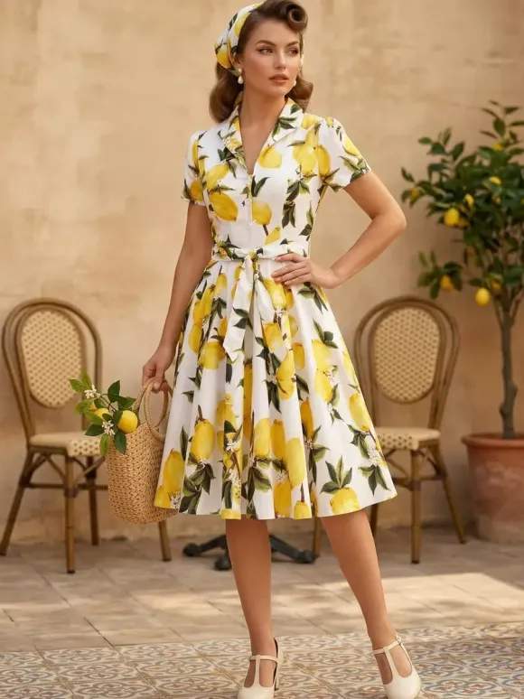 Vintage Printed Tea Dress for Women - 1950s A-Line Belted Short Sleeve Rockabilly Swing Midi Dress - Holiday Picnic 2026