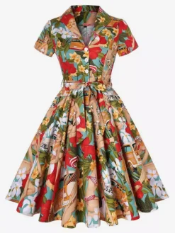 Vintage Printed Tea Dress for Women - 1950s A-Line Belted Short Sleeve Rockabilly Swing Midi Dress - Holiday Picnic 2026