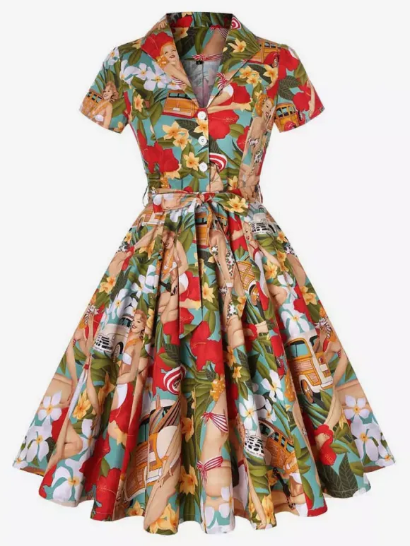 Vintage Printed Tea Dress for Women - 1950s A-Line Belted Short Sleeve Rockabilly Swing Midi Dress - Holiday Picnic 2026