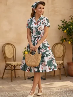 Vintage Printed Tea Dress for Women - 1950s A-Line Belted Short Sleeve Rockabilly Swing Midi Dress - Holiday Picnic 2026