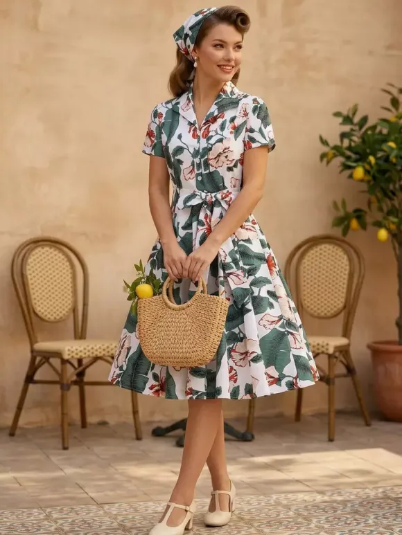 Vintage Printed Tea Dress for Women - 1950s A-Line Belted Short Sleeve Rockabilly Swing Midi Dress - Holiday Picnic 2026