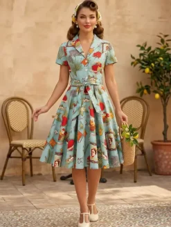 Vintage Printed Tea Dress for Women - 1950s A-Line Belted Short Sleeve Rockabilly Swing Midi Dress - Holiday Picnic 2026