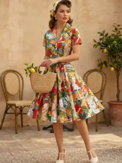 Vintage Printed Tea Dress for Women - 1950s A-Line Belted Short Sleeve Rockabilly Swing Midi Dress - Holiday Picnic 2026