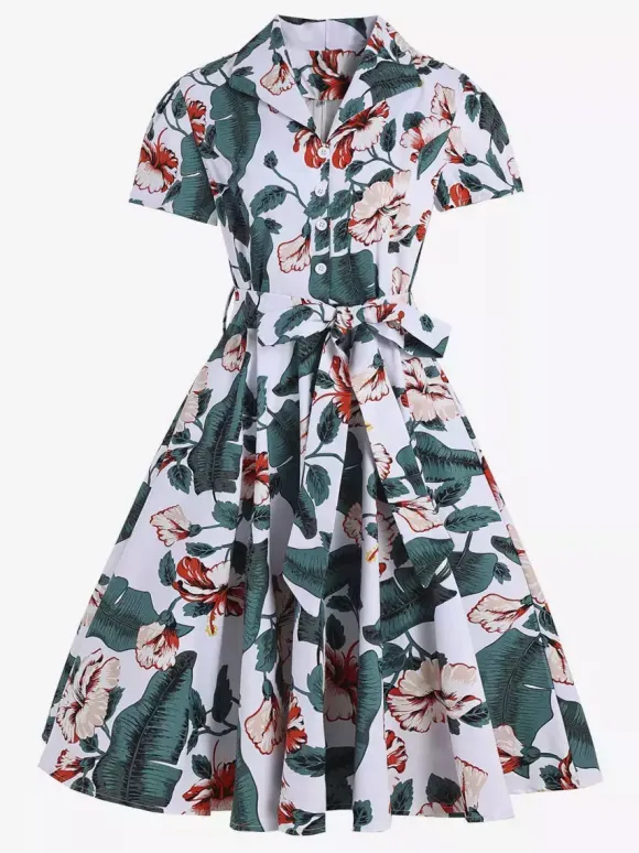 Vintage Printed Tea Dress for Women - 1950s A-Line Belted Short Sleeve Rockabilly Swing Midi Dress - Holiday Picnic 2026