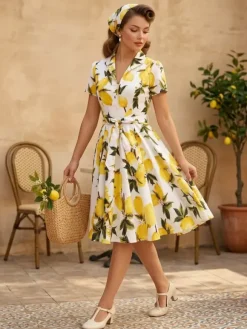 Vintage Printed Tea Dress for Women - 1950s A-Line Belted Short Sleeve Rockabilly Swing Midi Dress - Holiday Picnic 2026