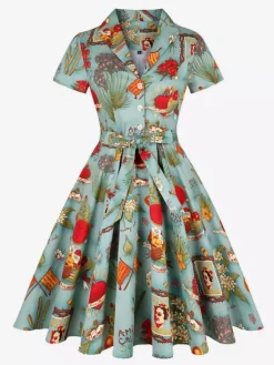 Vintage Printed Tea Dress for Women - 1950s A-Line Belted Short Sleeve Rockabilly Swing Midi Dress - Holiday Picnic 2026