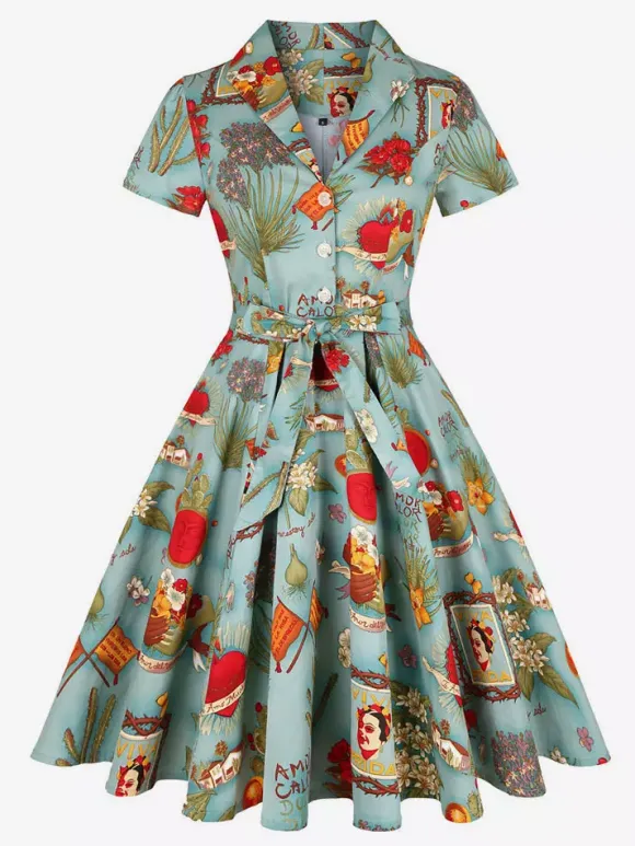 Vintage Printed Tea Dress for Women - 1950s A-Line Belted Short Sleeve Rockabilly Swing Midi Dress - Holiday Picnic 2026