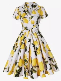 Vintage Printed Tea Dress for Women - 1950s A-Line Belted Short Sleeve Rockabilly Swing Midi Dress - Holiday Picnic 2026