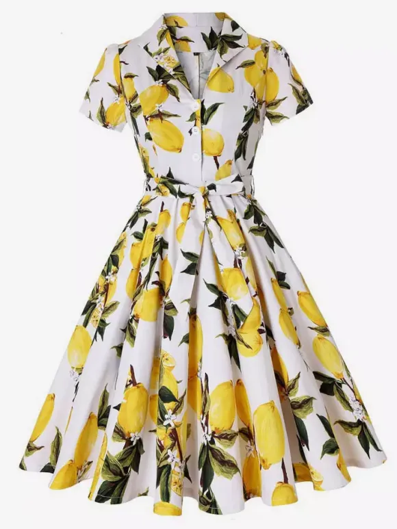 Vintage Printed Tea Dress for Women - 1950s A-Line Belted Short Sleeve Rockabilly Swing Midi Dress - Holiday Picnic 2026
