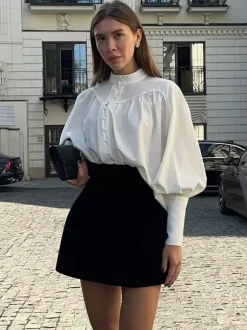 Vintage Puff Sleeve Blouse With Stand-Up Collar In Autumn For Women 2026